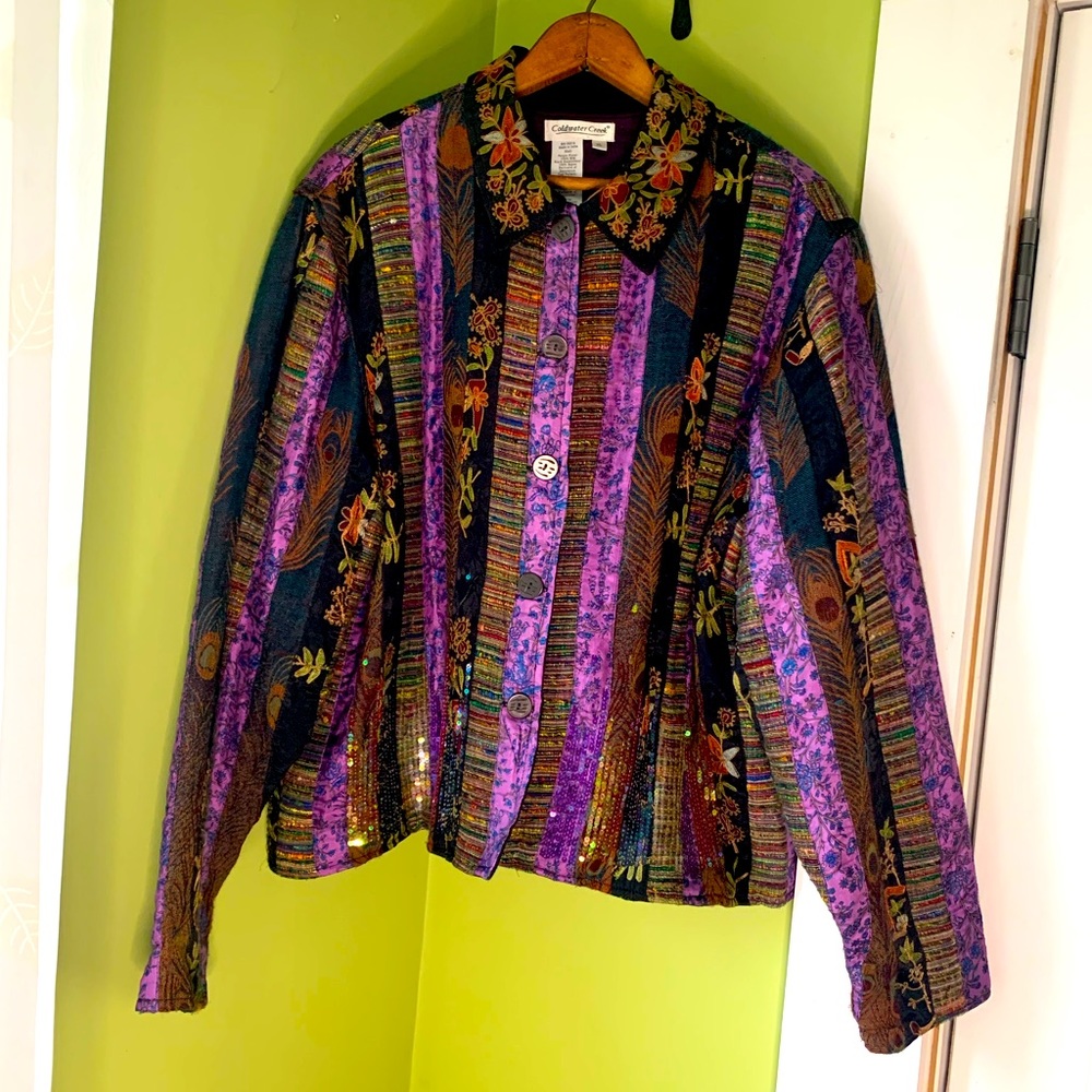 Coldwater Creek Patchwork Jacket XL Purple Black Silk
